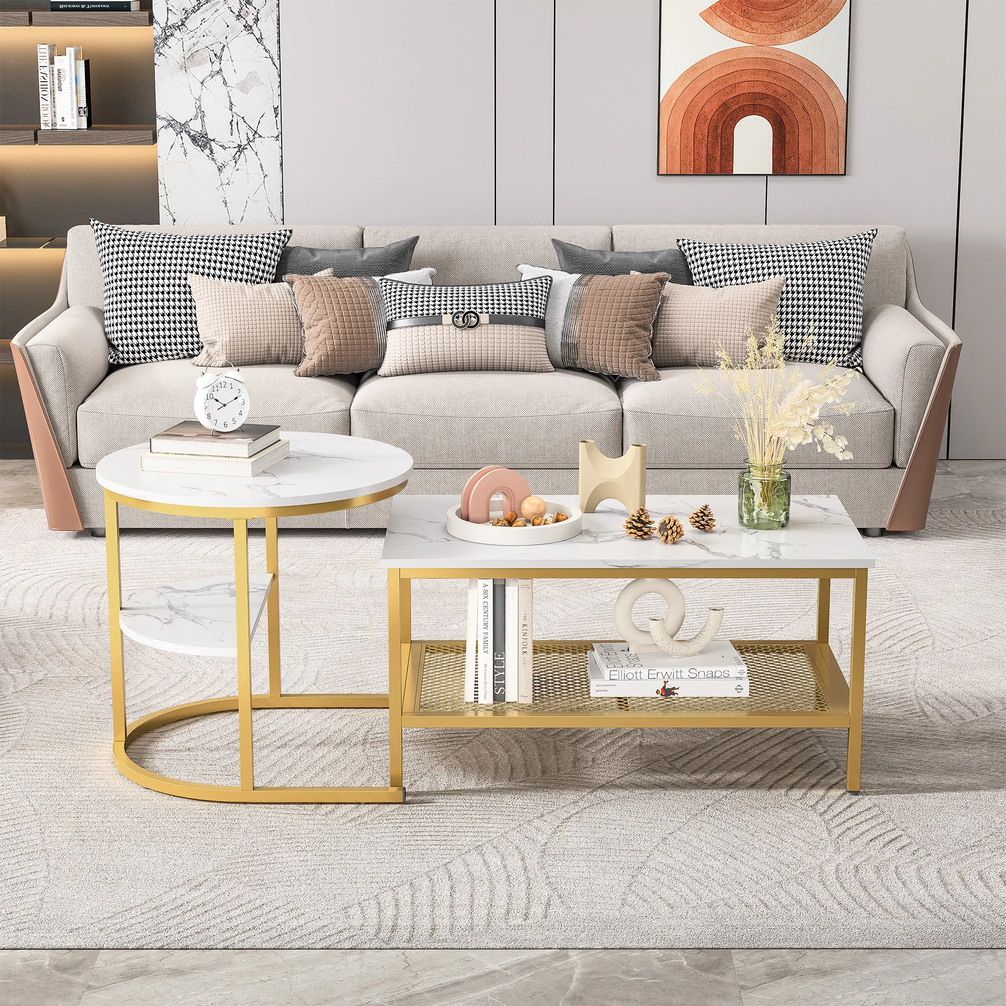 Anajqaqia Ensemble de tables basses modernes Tables d'appoint rondes rectangulaires 80x46x41cm 52x52x51cm