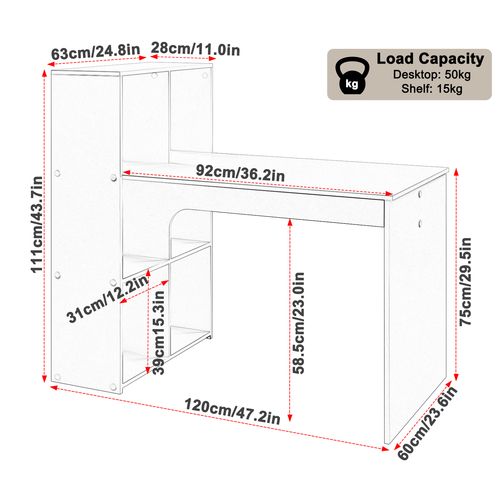 WOLTU Bureau d'ordinateur en bois blanc avec étagère de rangement 120 x 63 cm, poste de travail pour bureau, salon, chambre à coucher