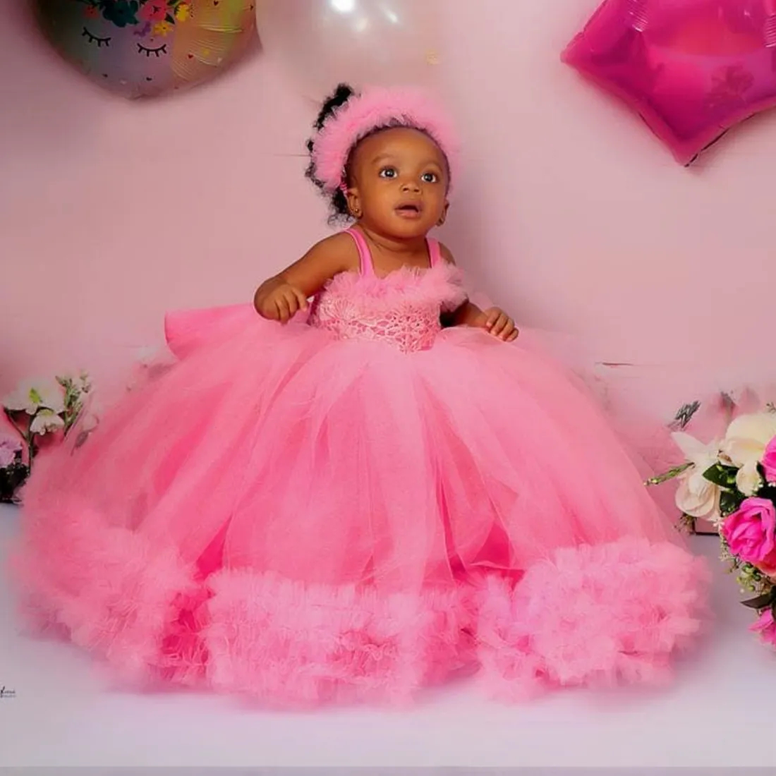 Robe de demoiselle d'honneur en tulle rose pour mariage, robe de première communion pour enfants, princesse gonflée en dentelle, reconstitution historique de bébé, anniversaire