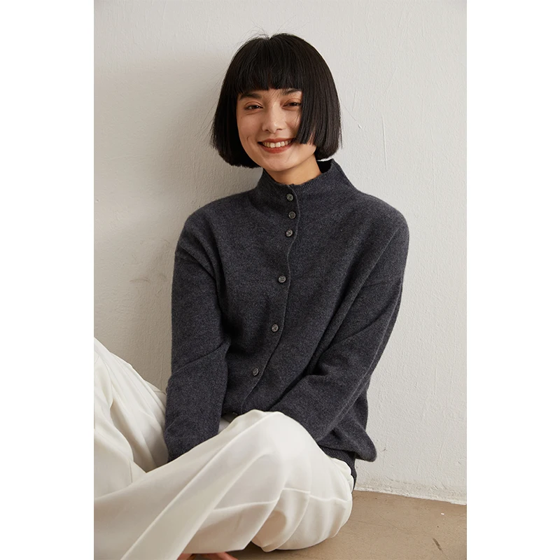 Женский приталенный шерстяной кардиган с полувысоким воротником, однотонный кашемировый вязаный свитер с длинными рукавами, универсальное повседневное пальто