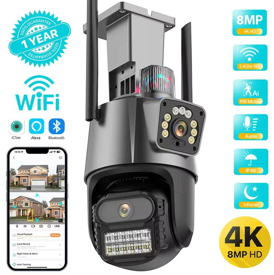 Outdoor Wireless 6K 8MP WiFi Security Camera ICSee Smart Three Lens 8X Zoom PTZ Video Surveillance IP Camera CCTV Auto Tracking