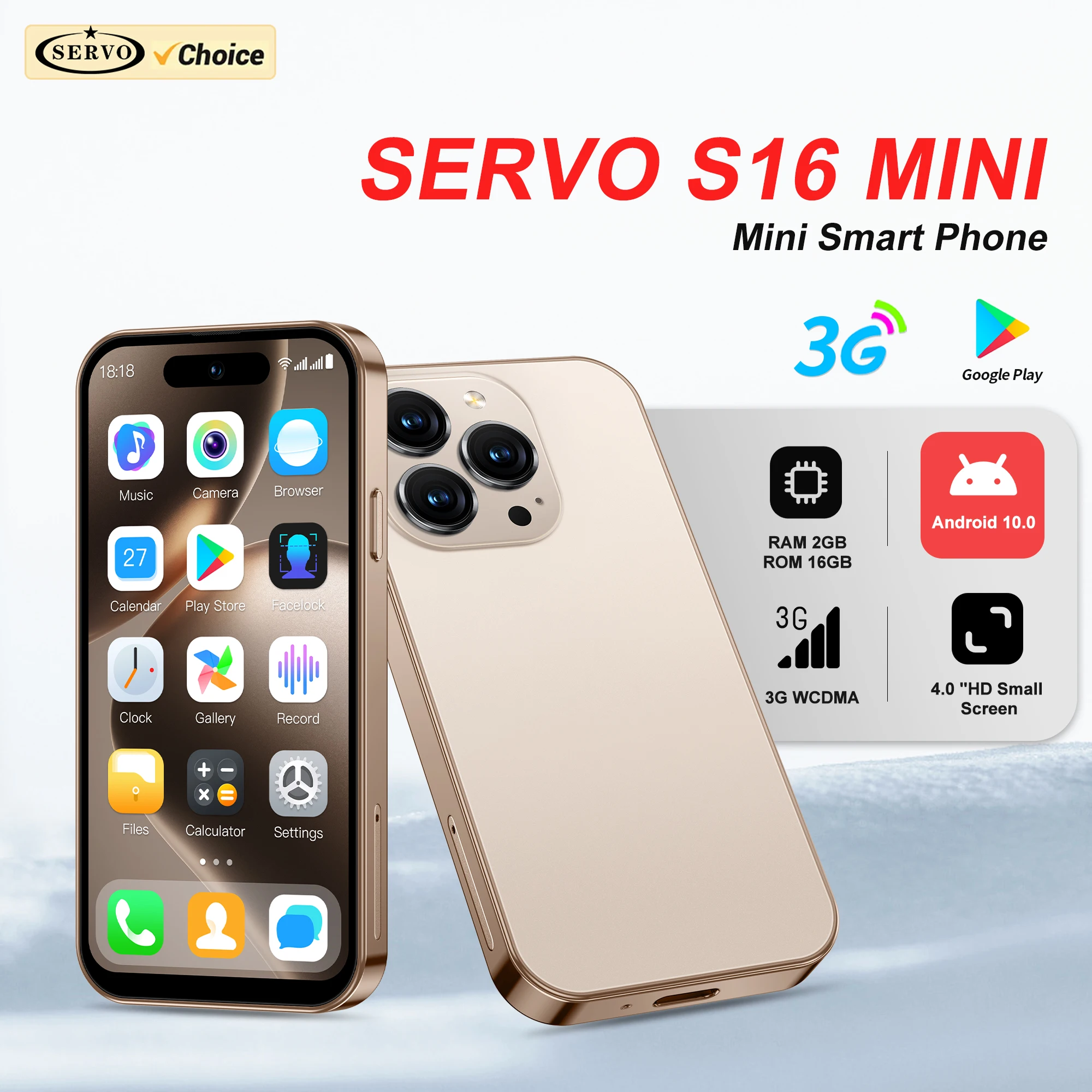 2025 SERVO S16 미니 4.0" 스마트폰 안드로이드 10.0 3G WCDMA 2GB+16GB 5MP 카메라 플레이 스토어 WiFi 핫스팟 초소형 휴대폰 Type-C