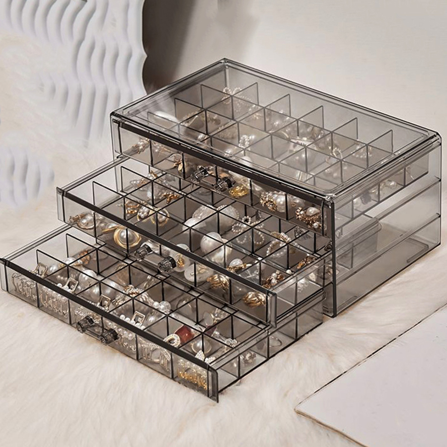1 Stück, Schmuckaufbewahrungsbox, Material: Transparent PS, Farbe: Transparent, Braun, Grau, Rosa