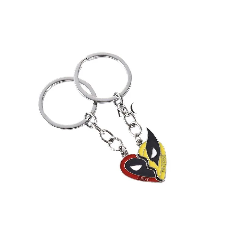 Mavel Deadpool 및 Wolverine 가장 친한 친구 키 체인 세트 스플릿 하트 매칭 펜던트 열쇠 고리 여성용 남성용 코스프레 쥬얼리 선물