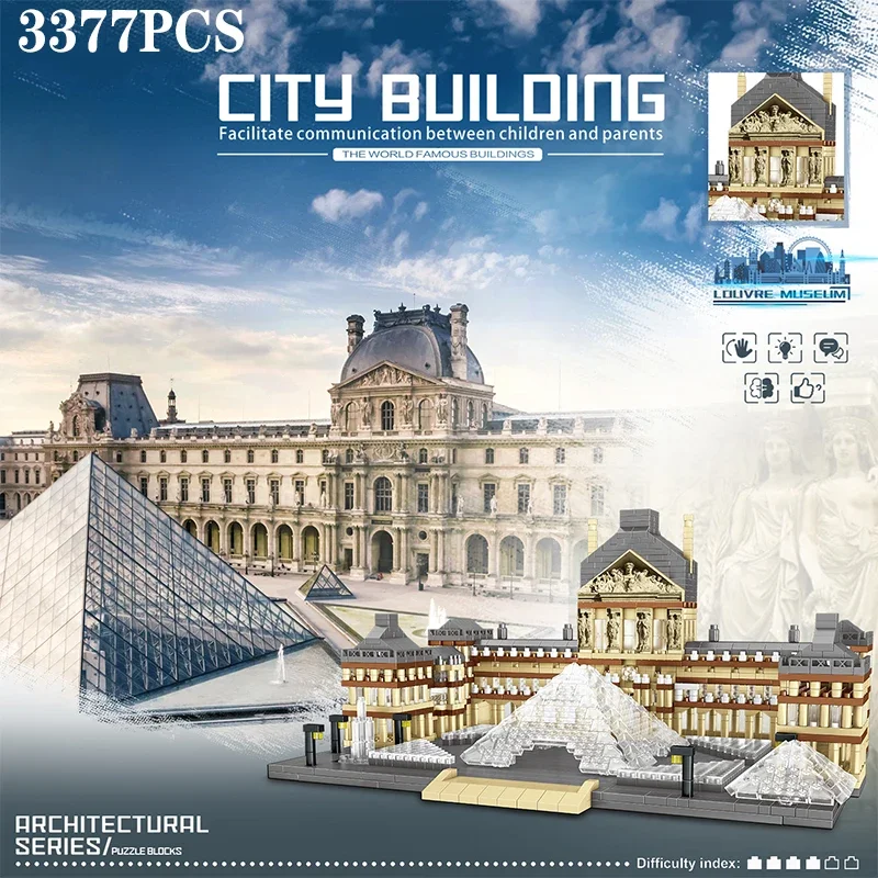 Louvre Model Building Blocks, atrações mundialmente famosas, tijolos arquitetura, decoração desktop, brinquedos para crianças presentes, 3377pcs