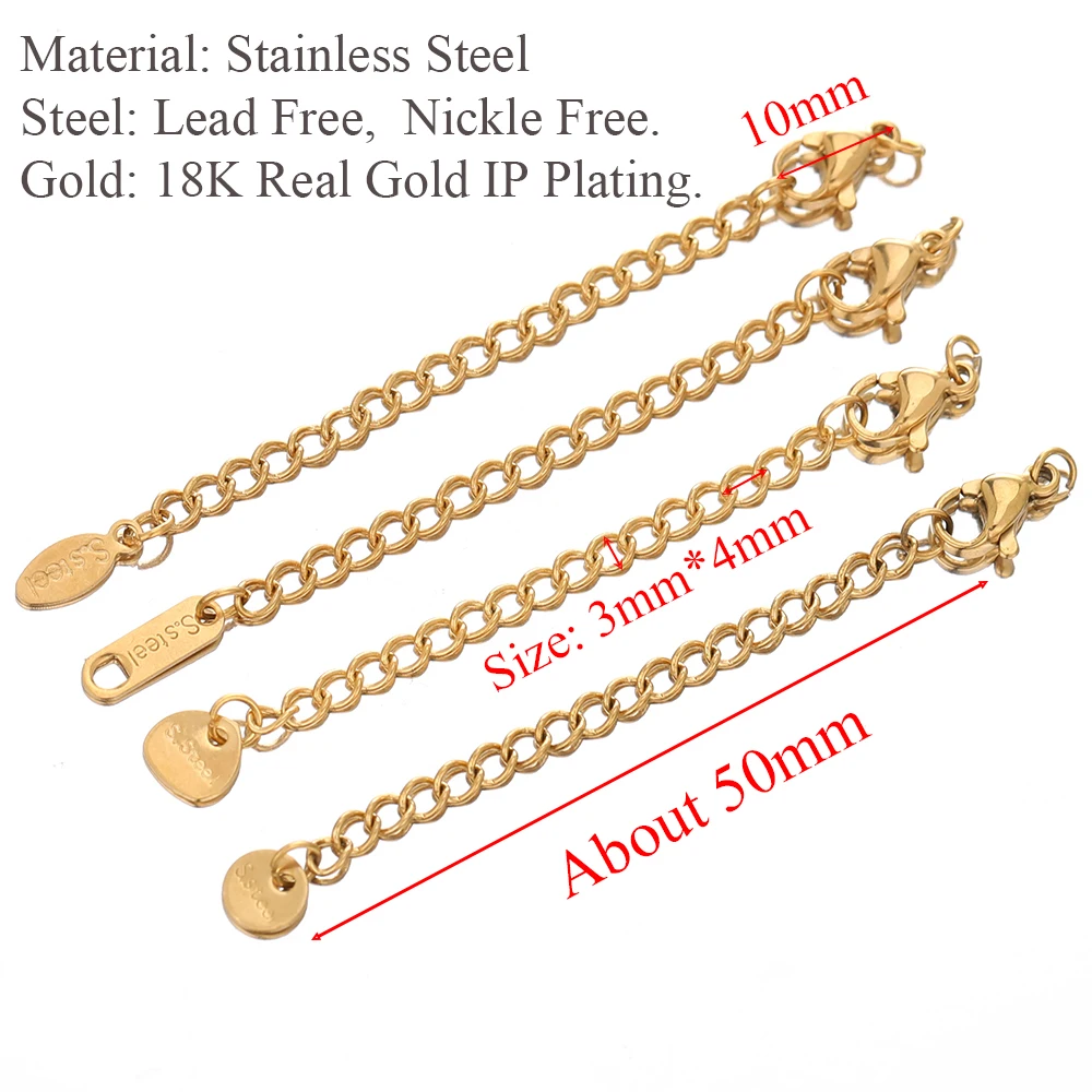 10 Uds. De extensión de acero inoxidable, cadenas de cola extendidas, cierres de langosta, conectores, accesorios para hacer joyería DIY, pulseras y collares