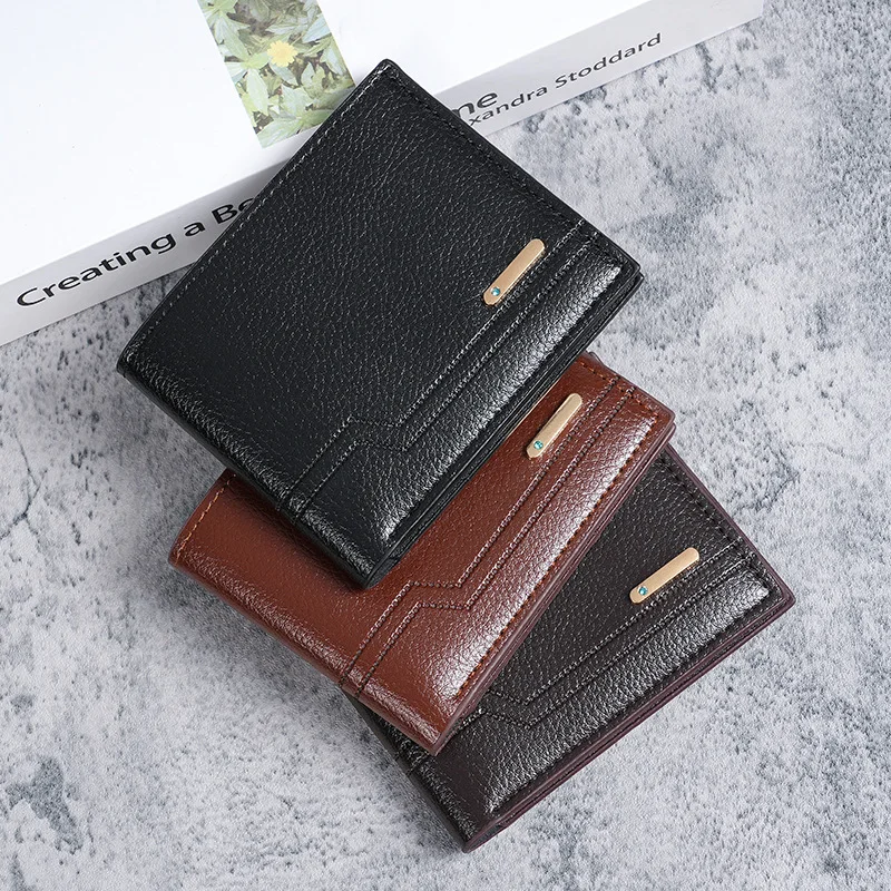 Men'S Short Pu Leather Wallet Business Casual Lychee Pattern Soft Leather Wallet Multi Card Large Capacity Wallet Card Holders