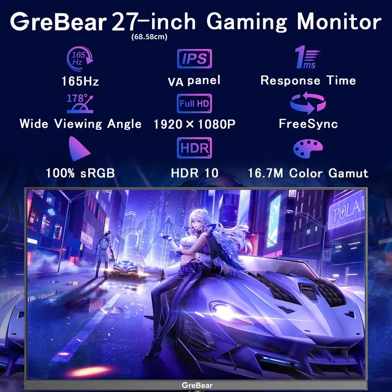 Grebear gaming monitor 27 inch 165Hz 1Ms PC gaming computer monitor-FHD 1080p/AMD FreeSync/1 x HDTV 2.0/1 X Display Port 1.4/BL