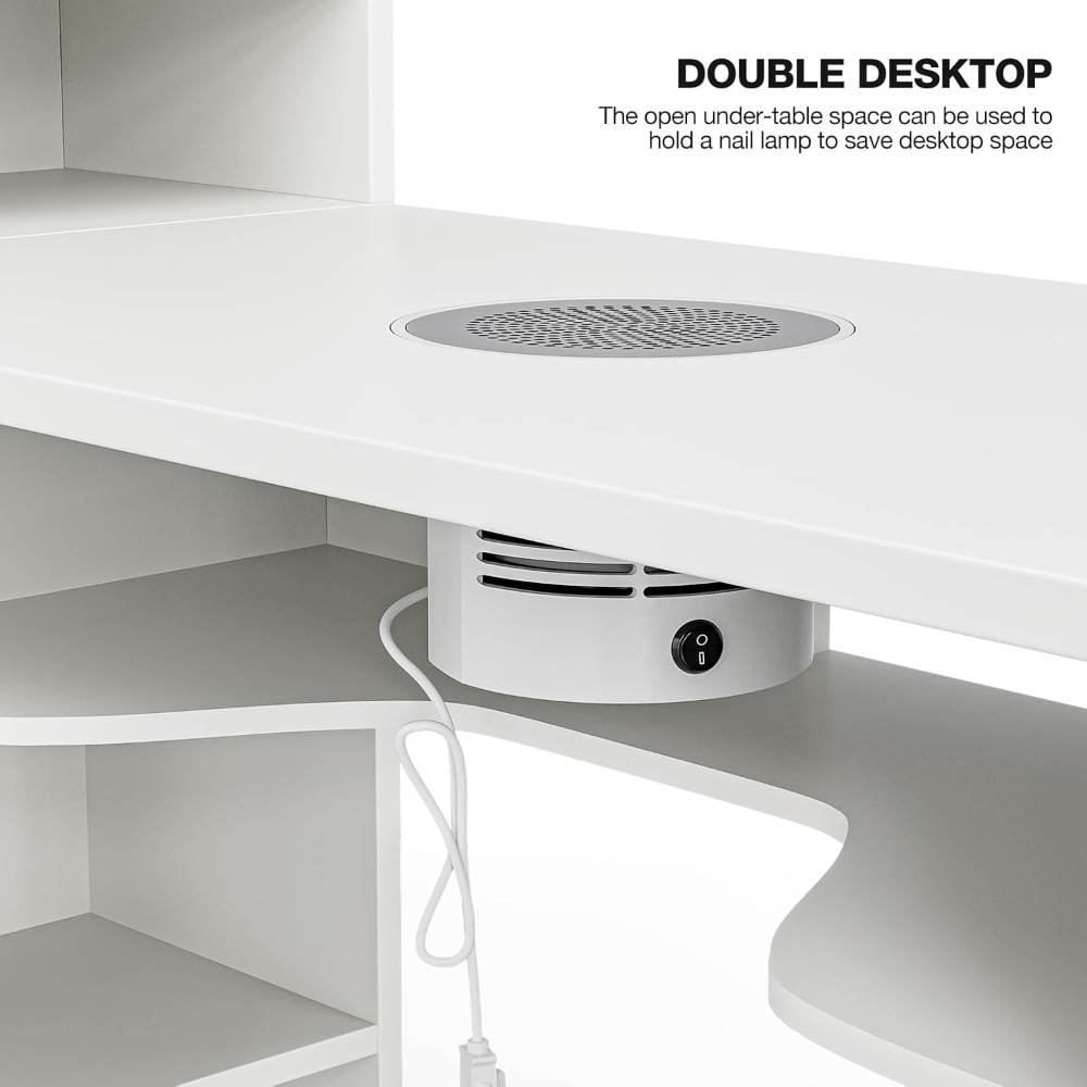 L-Shaped Manicure Table Nail Station with Shelves, Nail Tech Table Nail Table Station,Storage Cabinets,Metal Handles & Legs