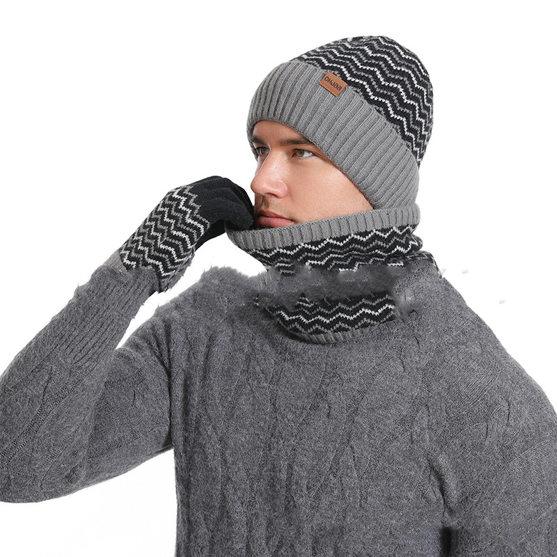 1Set Warm Soft Winter Fleece-lined Knitted Hat Scarves And Touch Screen Gloves 3-Piece Set Perfect Ear Neck Warmer Men's Warm