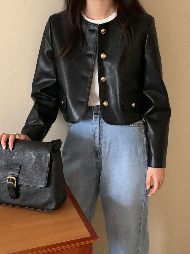 韓国スタイル黒ジャケット女性の新ファッションヴィンテージシングルブレストレザージャケット女性ストリート O ネックショートジャケット