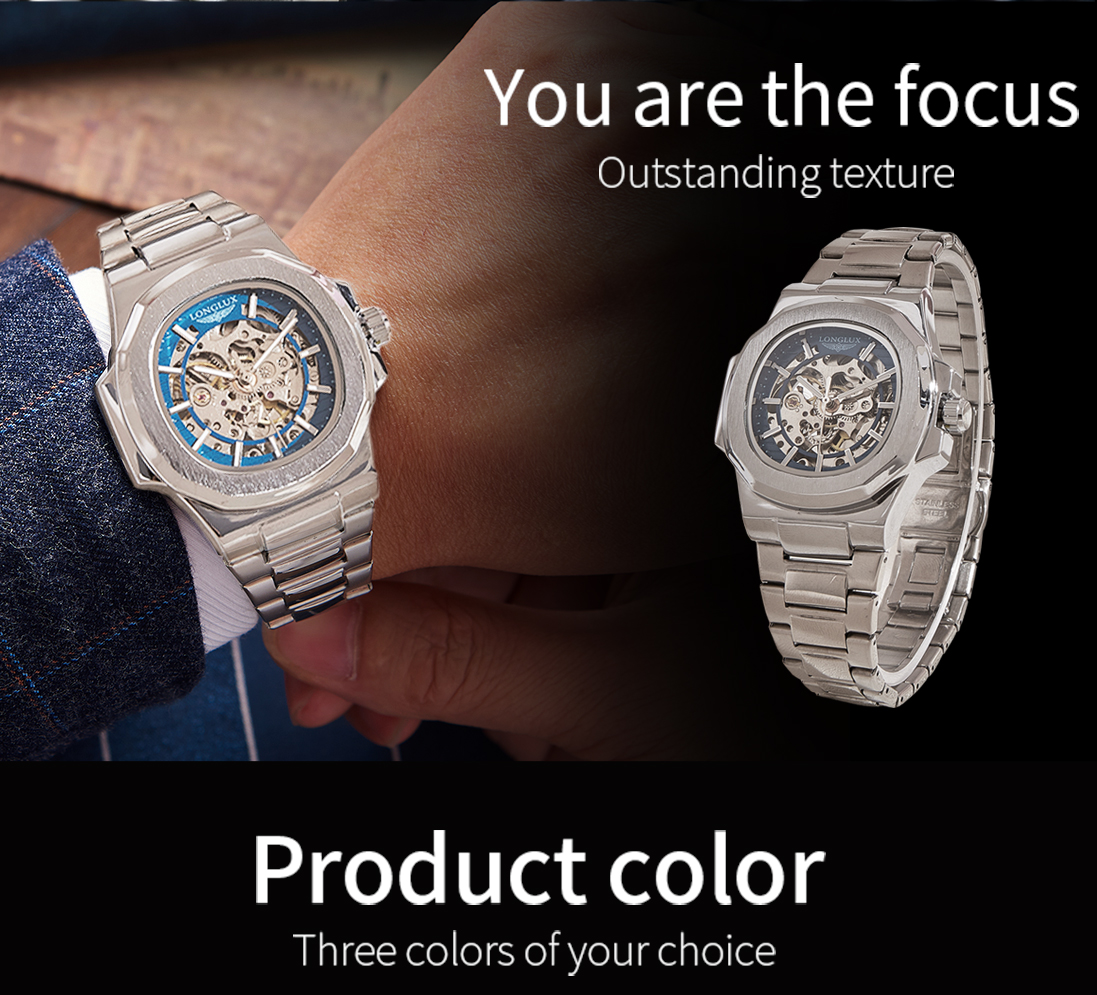 Reloj mecánico automático LONGLUX para hombre, relojes de lujo, esqueleto resistente al agua, reloj de regalo de acero inoxidable barato al por mayor para negocios