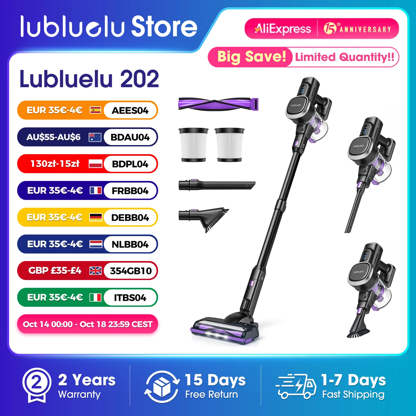 Odkurzacz bezprzewodowy Lubluelu 202, lekki, 6 w 1, mocny 25 kPa, bez kabla, do dywanów, podłóg, sierści zwierząt