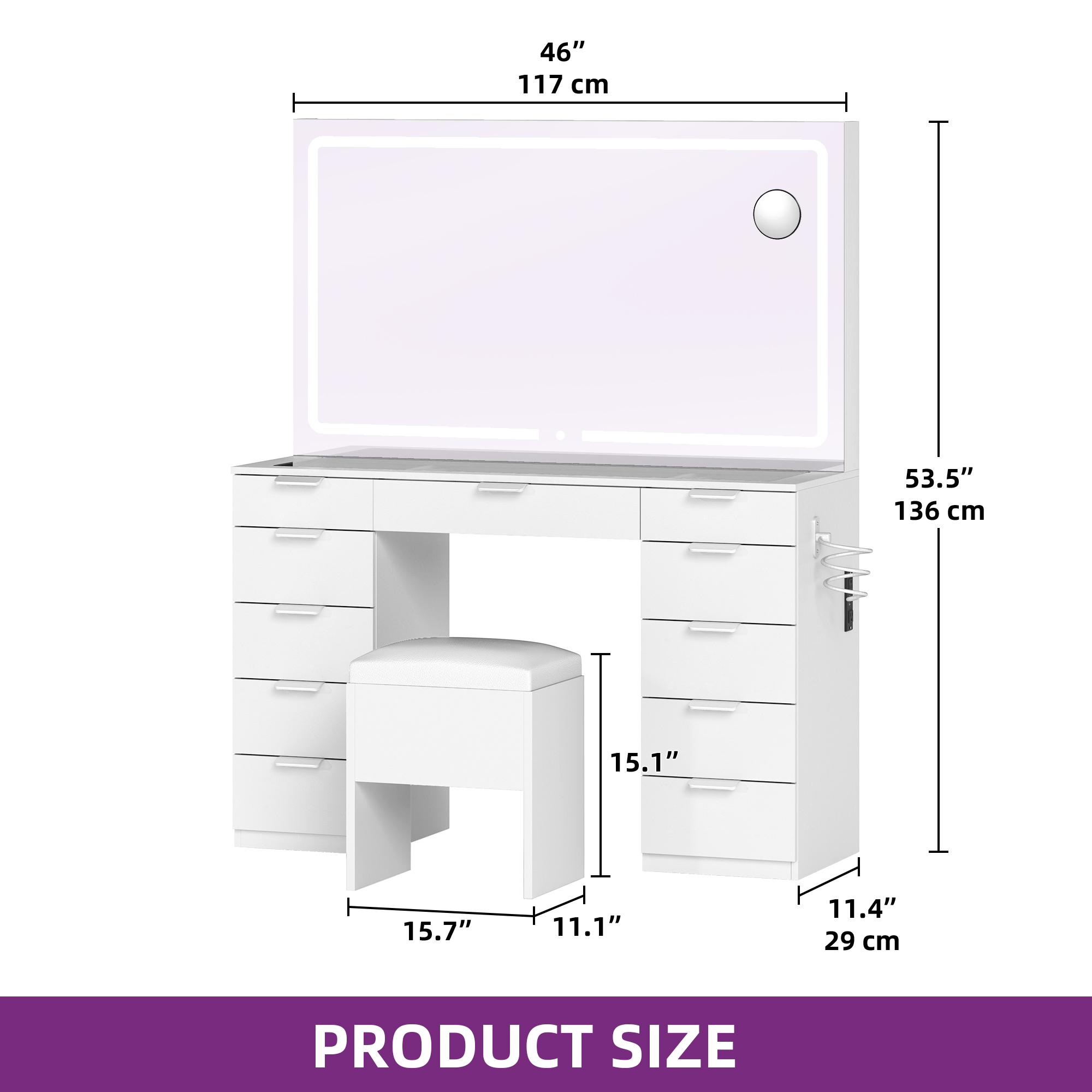 YITAHOME White Vanity Table - LED Light Dressing Desk with 11 Drawers, Glass Top & Mirror, Includes Stool
