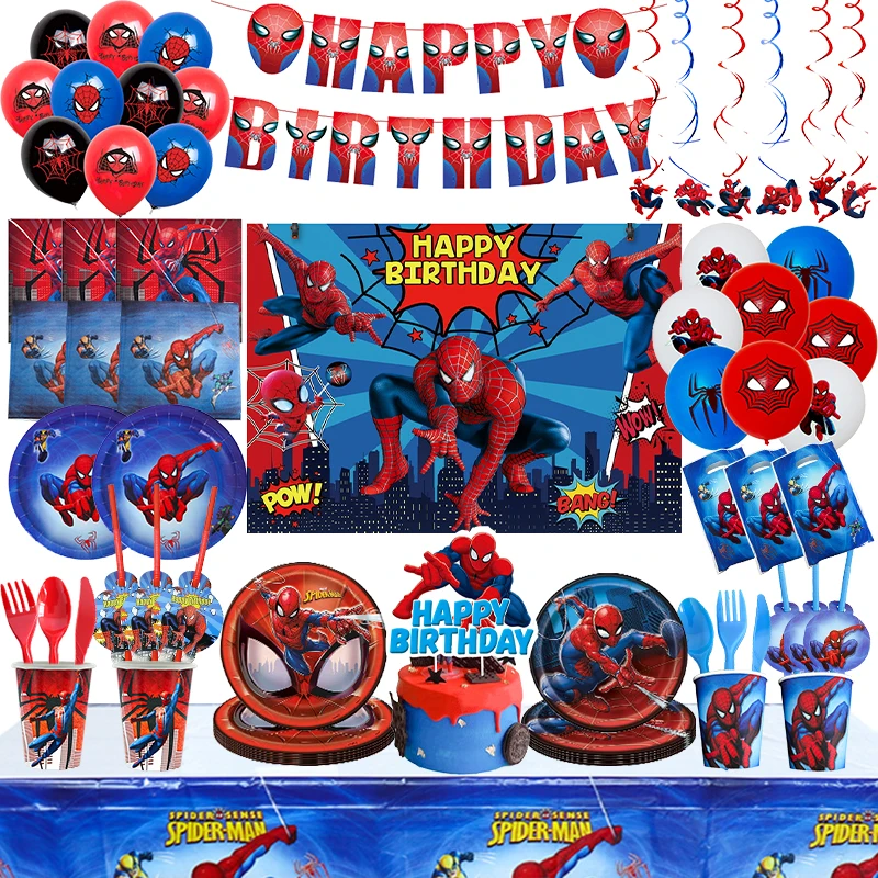 Decoración de fiesta de cumpleaños de Spiderman, juego de vajilla temática de Spiderman de Marvel, globos, telón de fondo, suministros felices para niños, favores