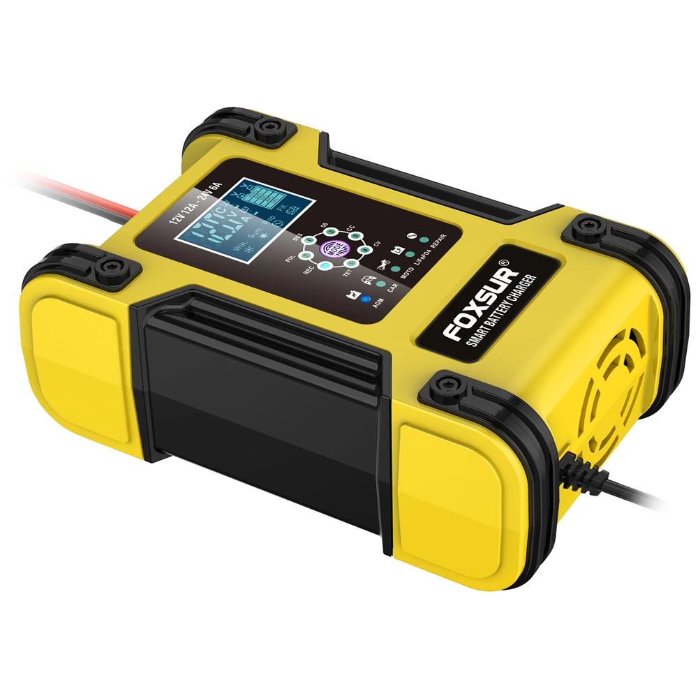 Foxsur 全自動車のバッテリー充電器 12V 12A デジタルディスプレイバッテリー充電器パワーパルス修理充電器ウェットドライ鉛酸