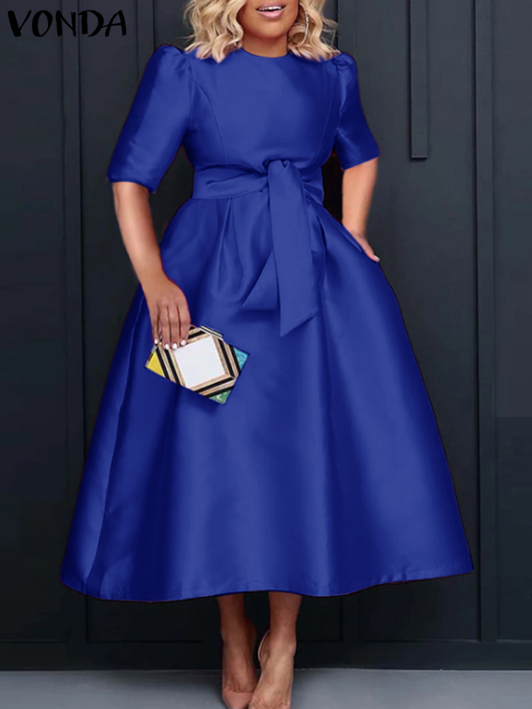 Vonda-女性のためのエレガントなサテンミディドレス,半袖,ベルト付きカジュアル,ルーズ,モノクロ,ロング,ラージサイズ,5xl,夏,2024