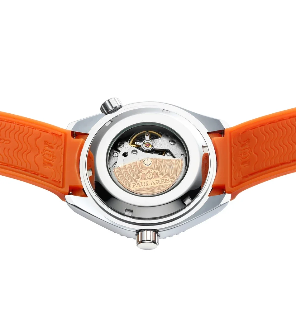 Herren-Luxusuhr mit automatischem Selbstaufzug, mechanischem Canvas-Kautschukarmband, Orange, Blau, Rot