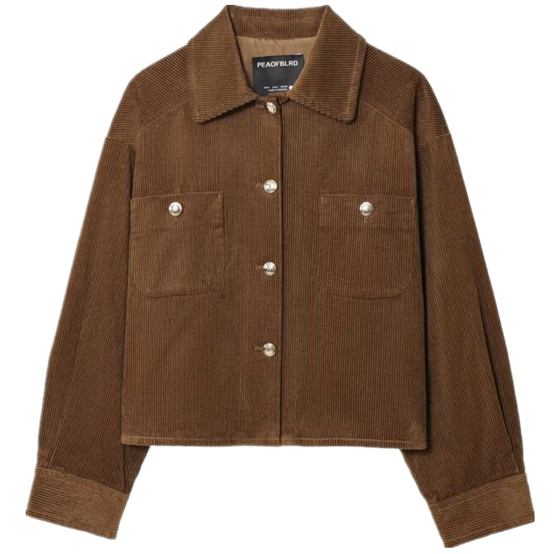 Casaco F de Veludo Cotelê Manga Longa com Gola Dobrável e Bolsos, Silhueta Ampla, Estilo Urbano, Quente e Funcional – ...