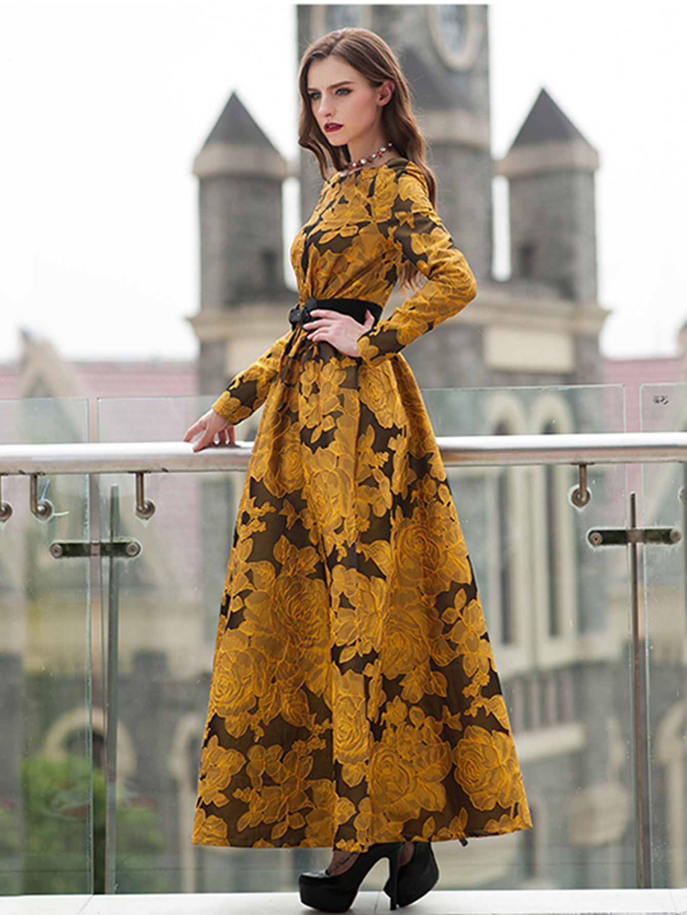 Elegante Vrouwen Gebloemde Lange Maxi-Jurk Jacquard Avondfeest Boho Herfst Winter Vintage Jurk Dames A-Lijn Gewaad