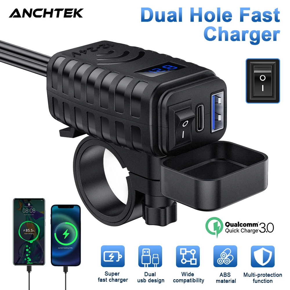 Cargador USB para motocicleta Anchtek 48W QC3.0 y PD Quick Charge 3,0 cargador de teléfono USB tipo C para motocicleta con voltímetro y interruptor de encendido/apagado