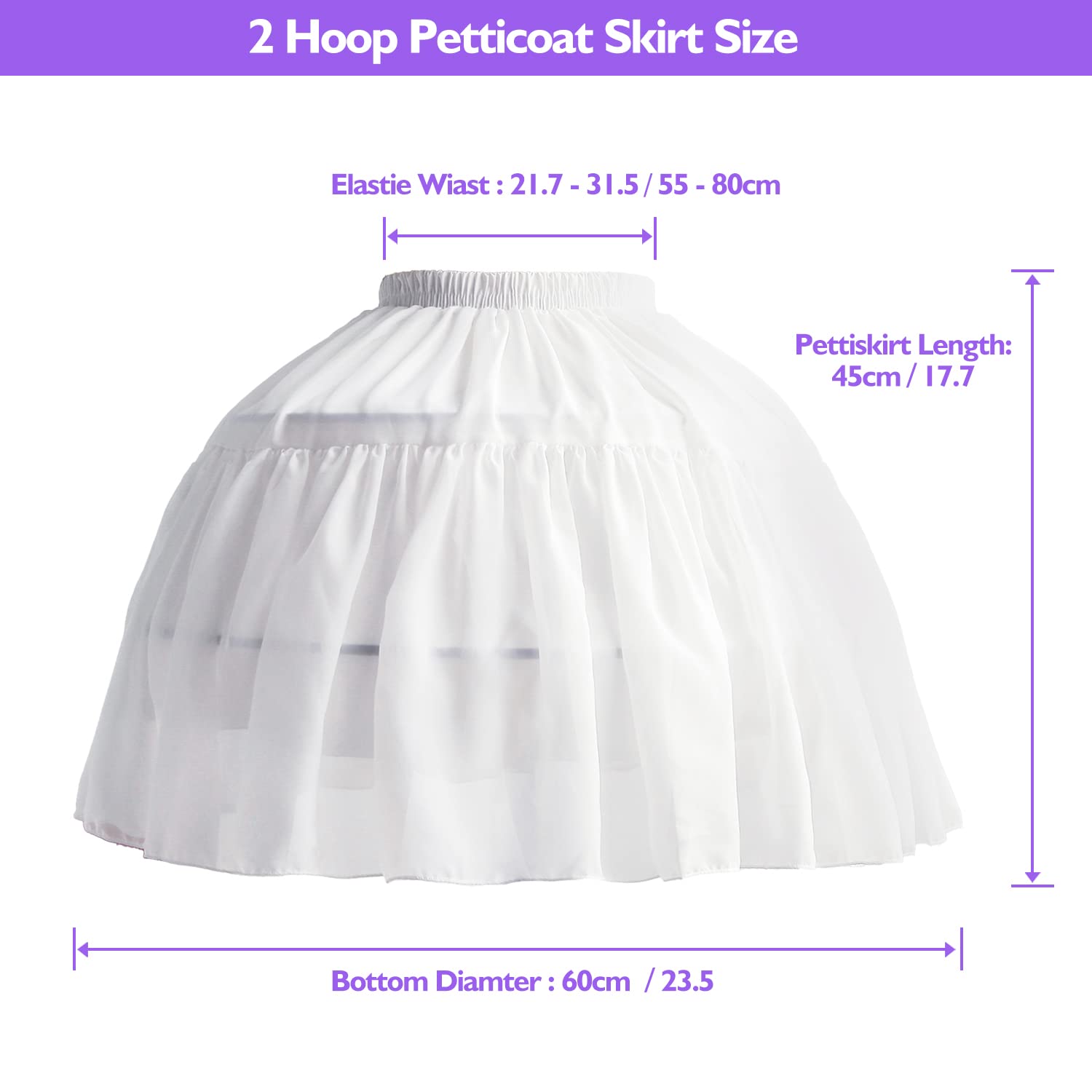 Donne Ragazze Lolita Crinolina Sottoveste Abito da ballo in chiffon Sottoveste Corto 2 Cerchi Sottogonna per Cosplay Abito con orlo grande Bianco