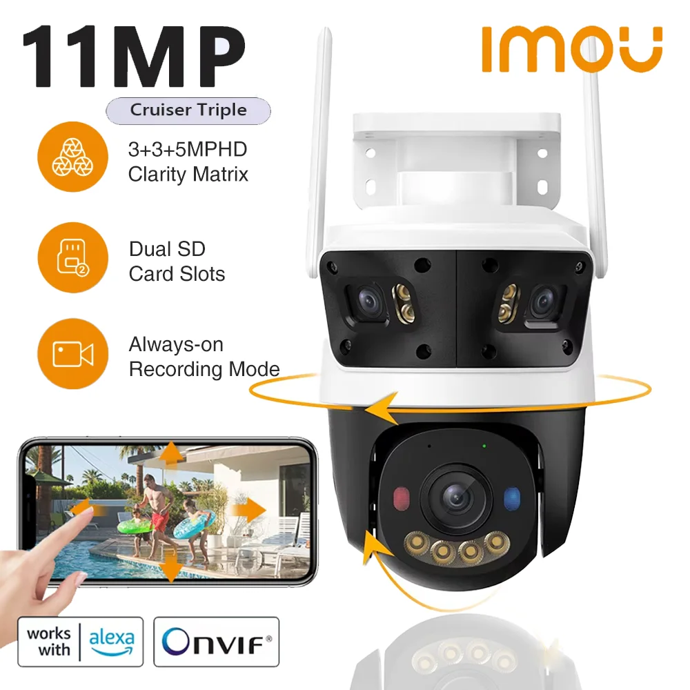 IMOU Cruiser Cámara exterior de triple lente 2 Luz de advertencia roja-azul Cámara PTZ WiFi Monitor de vigilancia de detección humana y vehículo