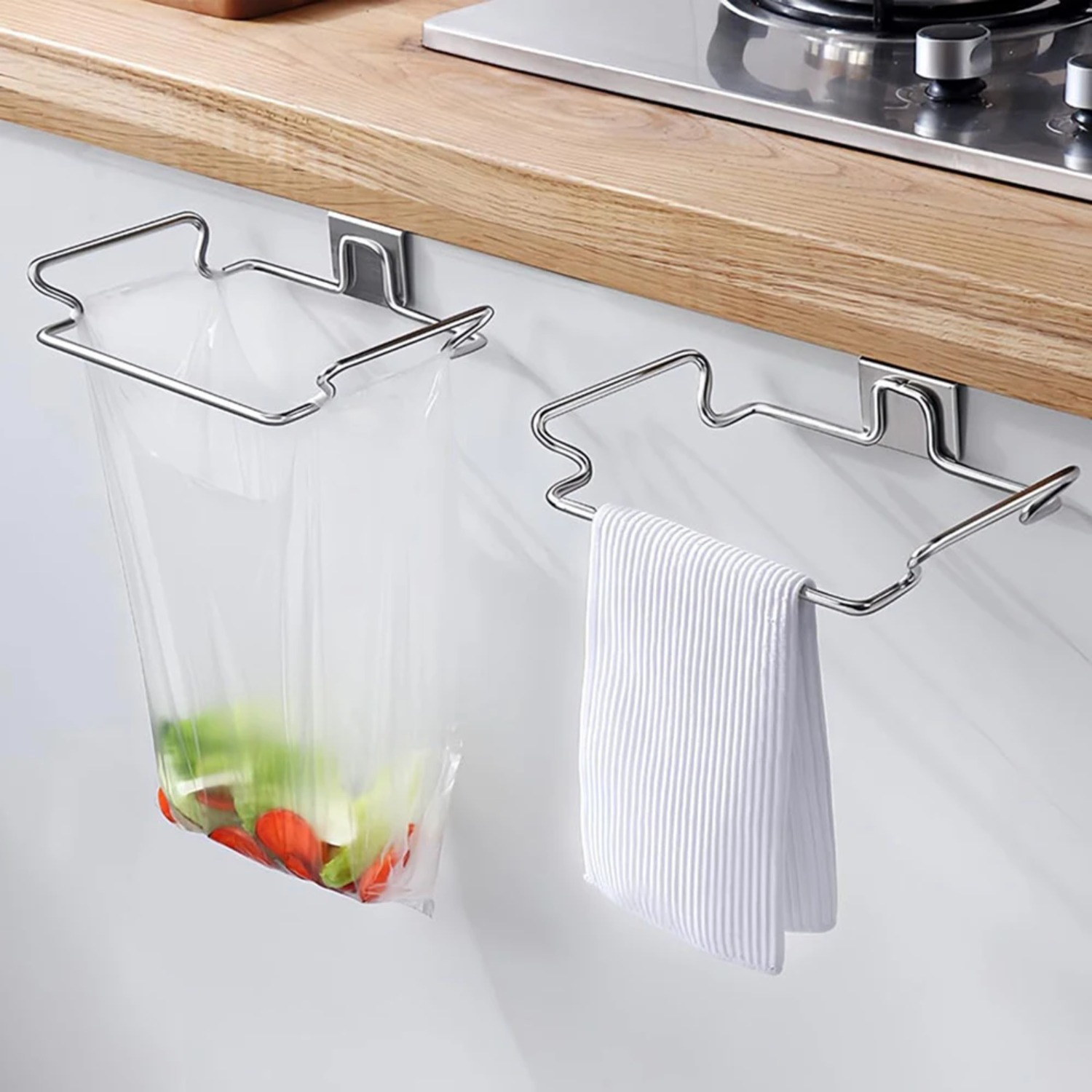 Stainless Steel Garbage Bag Storage Rack - Hanging Organizer Holder for Kitchen Cabinet & Pantry