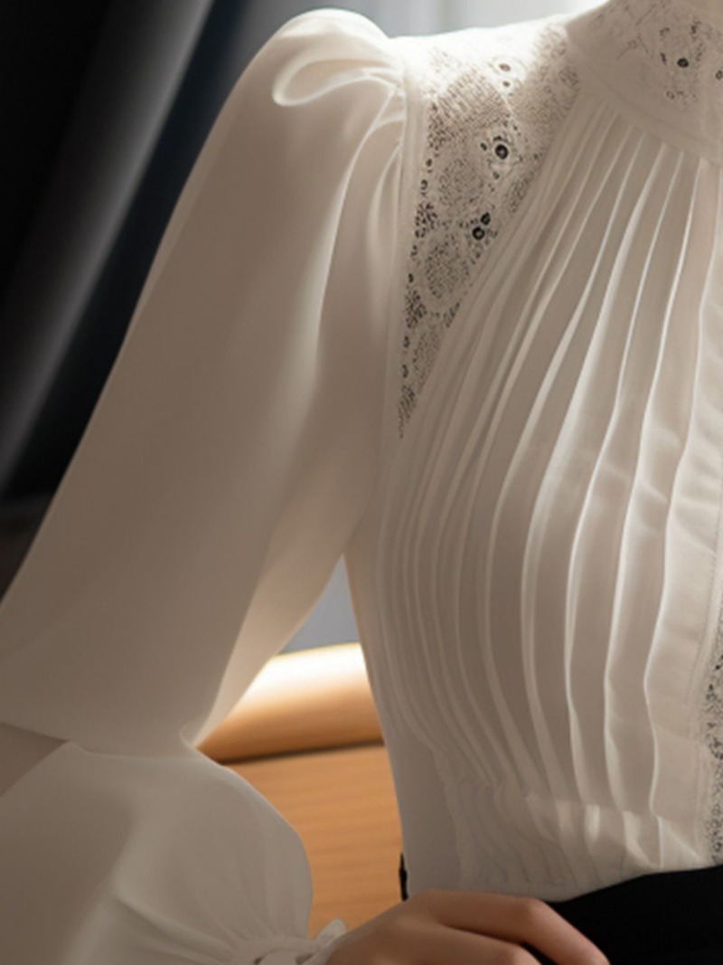 Blusas Mujer De Moda 2025, Bluse für Frauen, Temperament, Spitze, Patchwork, Hemden, aushöhlen, plissiert, Stehkragen, Vintage-Blusen, Tops