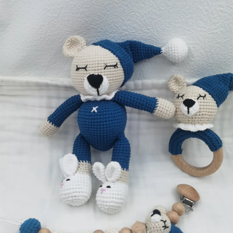 1 セット DIY かぎ針編みクマ赤ちゃんおしゃぶり新生児バニーガラガラおもちゃ木製臼歯歯が生えるリングおしゃぶりクリップチェーンセットベビー用品