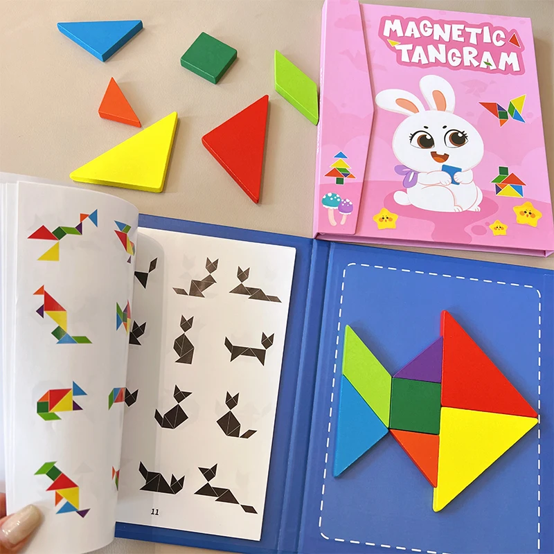 자기 3D 기하학적 모양 Tangram 퍼즐 보드 퍼즐 책 어린이 몬테소리 게임 아기 교육 나무 장난감 어린이를위한 선물