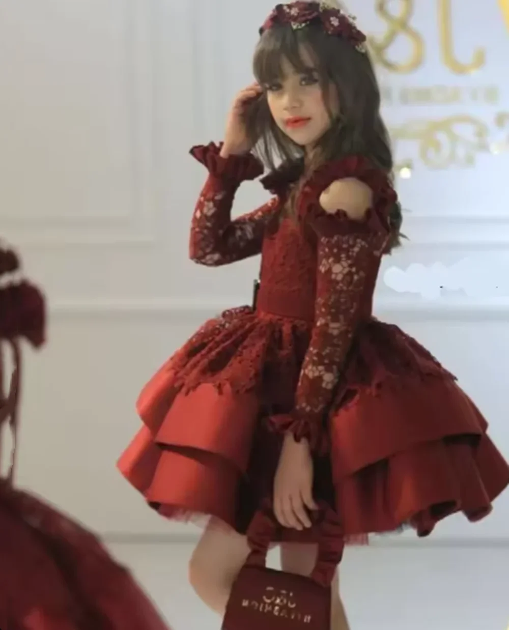Robe de fille de fleur pour fille de Communion mignonne princesse col haut avec manches d'illusion dentelle Corest jupe moelleuse robe de bal partie formelle
