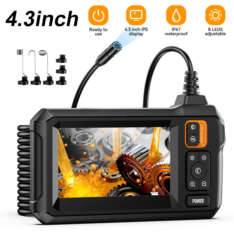 Cámara endoscópica Industrial pantalla IPS de 4,3 pulgadas 8mm HD1080P IP67 impermeable 8 LED boroscopio de inspección de luz para reparación de tuberías de automóviles