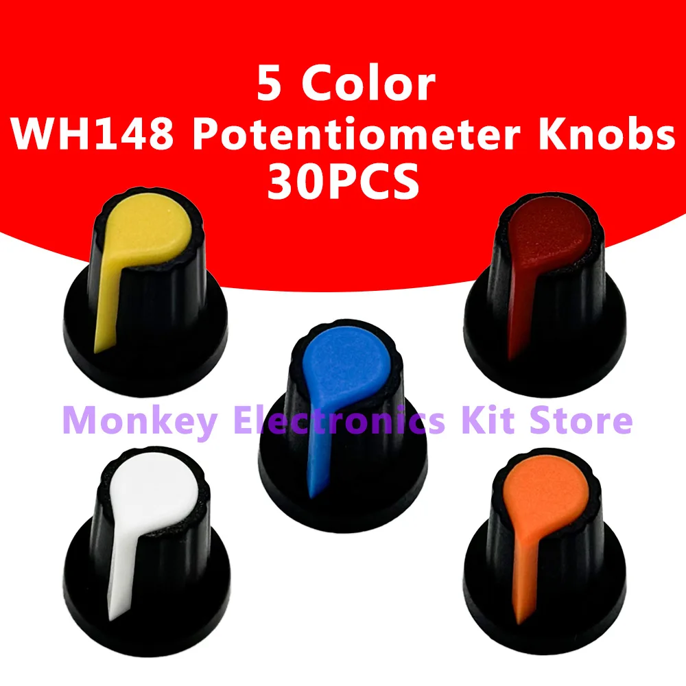 30PCS 5 สี Lot WH148 Potentiometer ลูกบิด 15X17 มม.6 มม.Potentiometer ลูกบิดพลาสติกหมวก 5 สีสีเหลืองสีส้มสีฟ้าสีขาวสีแดง