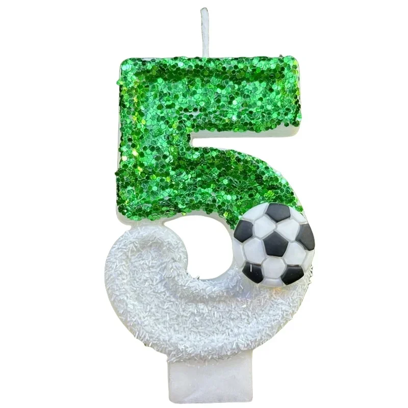 Velas de aniversário infantil de futebol, número 0-9, brilhos verdes, vela criativa de futebol para festa de menino, decoração superior de bolo