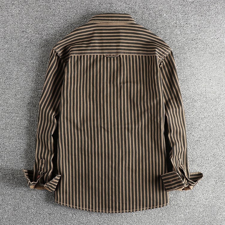 2025 Autumn And Winter New American Retro Stripe Long-Sleeve Lapel Shirt Men's Simple Fashion Washed Multi-pocket Casual Blouses