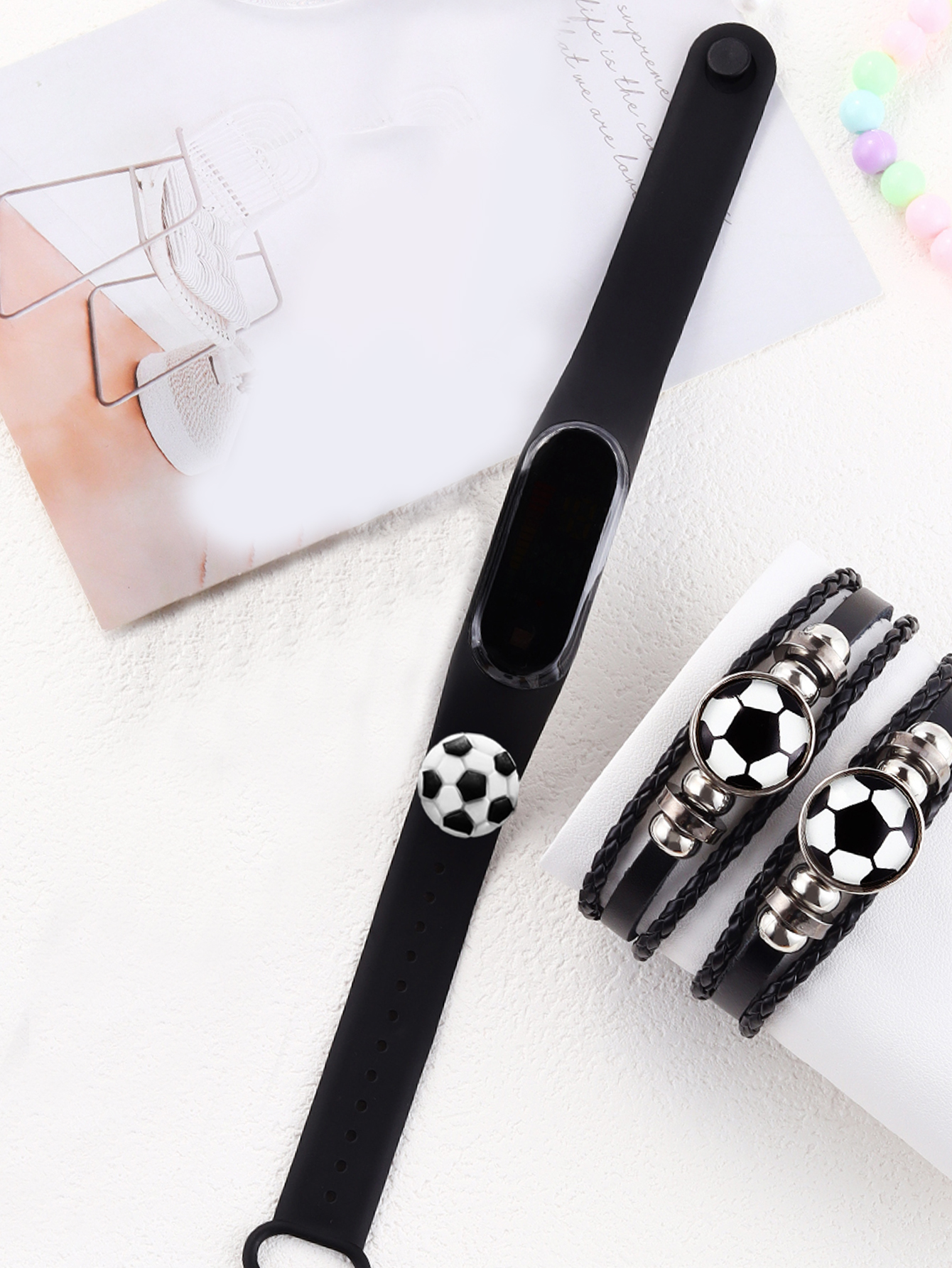 Lazer esportes vento retangular oval silicone relógio eletrônico com pulseira de couro futebol euro conjunto presente