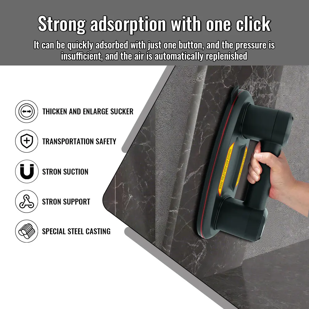 300KG vacuum adsorption suction cup.P9 double motor power sucker. Oval-shaped appearance. USB charging. Move tiles, granite, etc