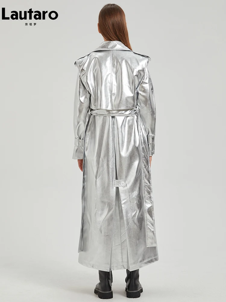 Lautaro-gabardina Extra larga de charol dorado brillante para mujer, abrigo de diseñador de lujo con una hilera de botones, otoño 2024