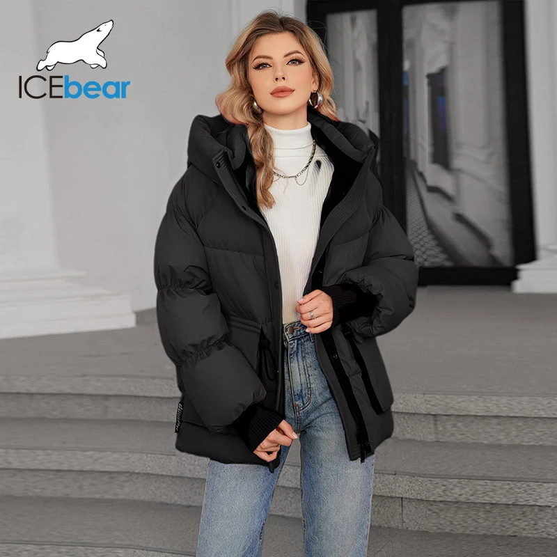 Icebear 2024 inverno feminino curto casual solto jaqueta leve com bolsos grandes feminino com capuz com zíper para baixo casaco gwd4609i