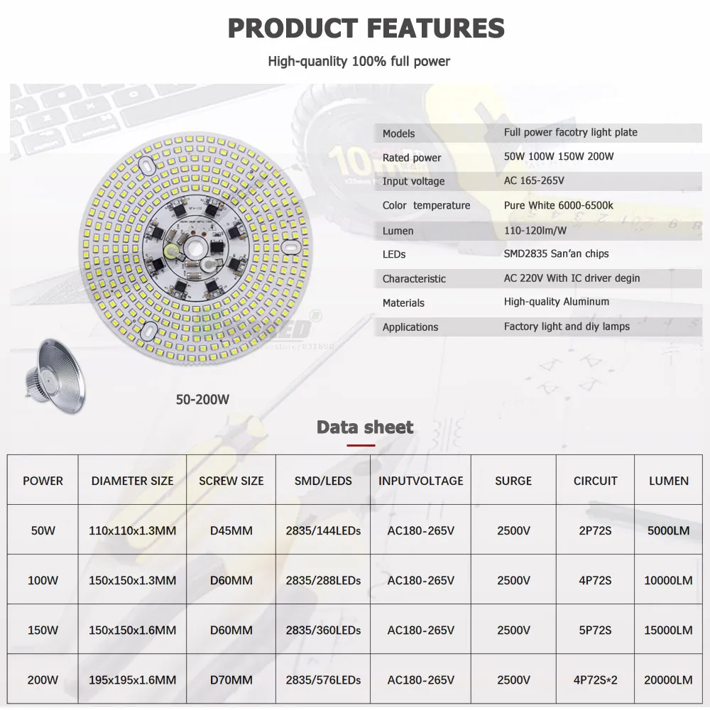 Płytka LED PCB SMD2835 COB Chips 220V Full Power 100W 50W No Need Driver Ligh Source Board Linear For High Bay Lamp DIY Replace