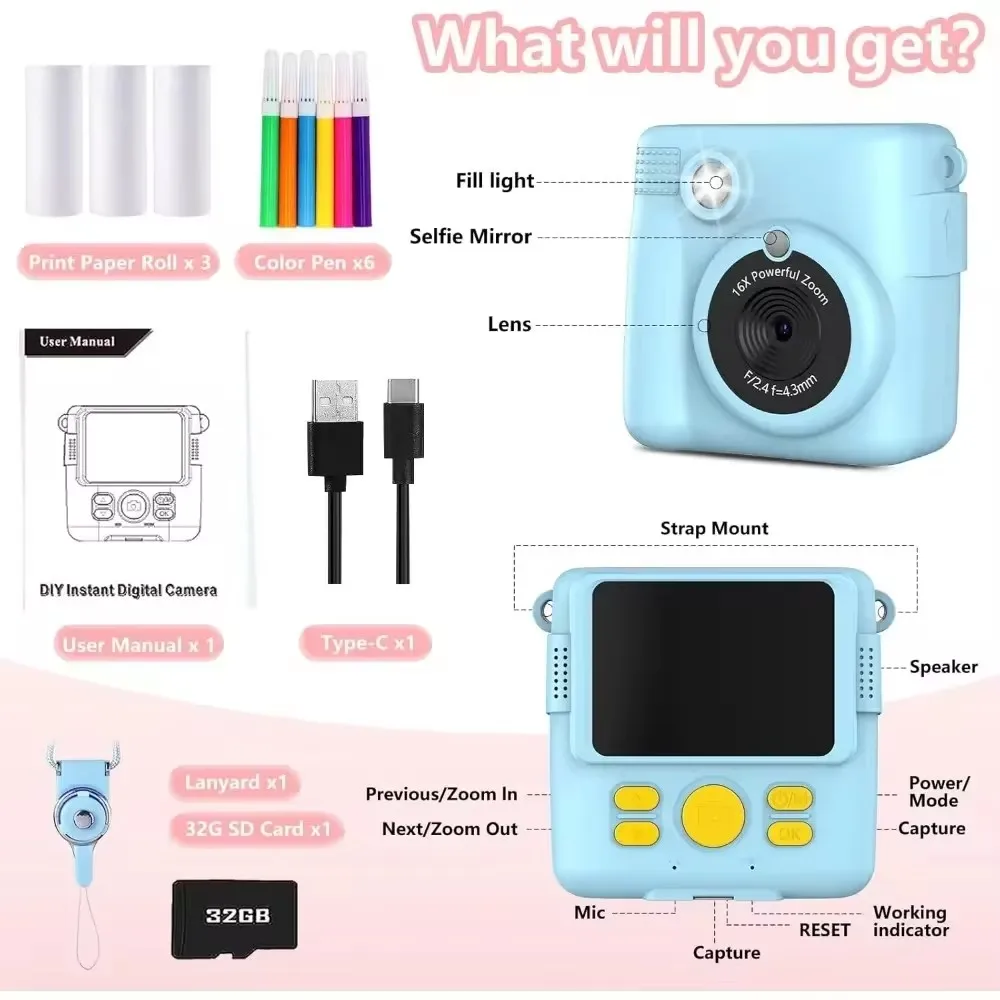 Portable Instant Print Camera for Kids - 1080P HD Video Camera with 3 Rolls Photo Paper and 32GB Card, Perfect Toy for Toddlers