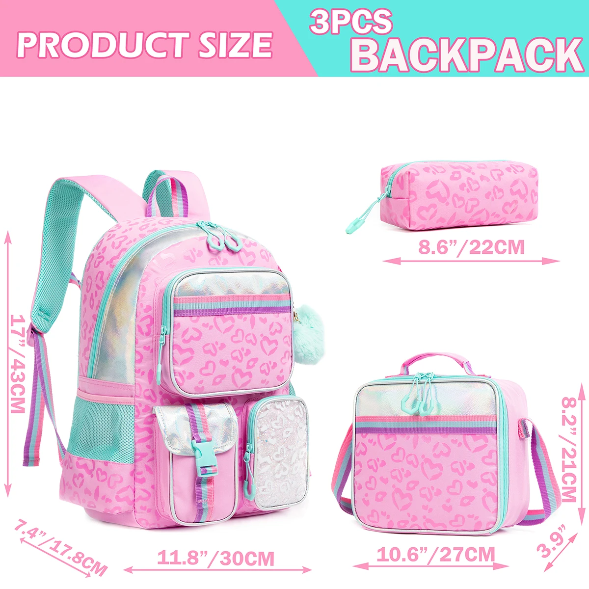 Meetbelify Girls' Multifunctional Heart Printed Pattern with Lunch Bag Pencil Bag for Studying  Travel and Picnic