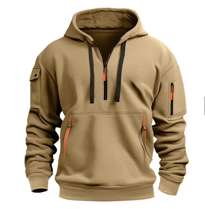 Moletom esportivo casual masculino primavera outono moda cor sólida pulôver de manga comprida com bolso no braço e corda de tração plus size