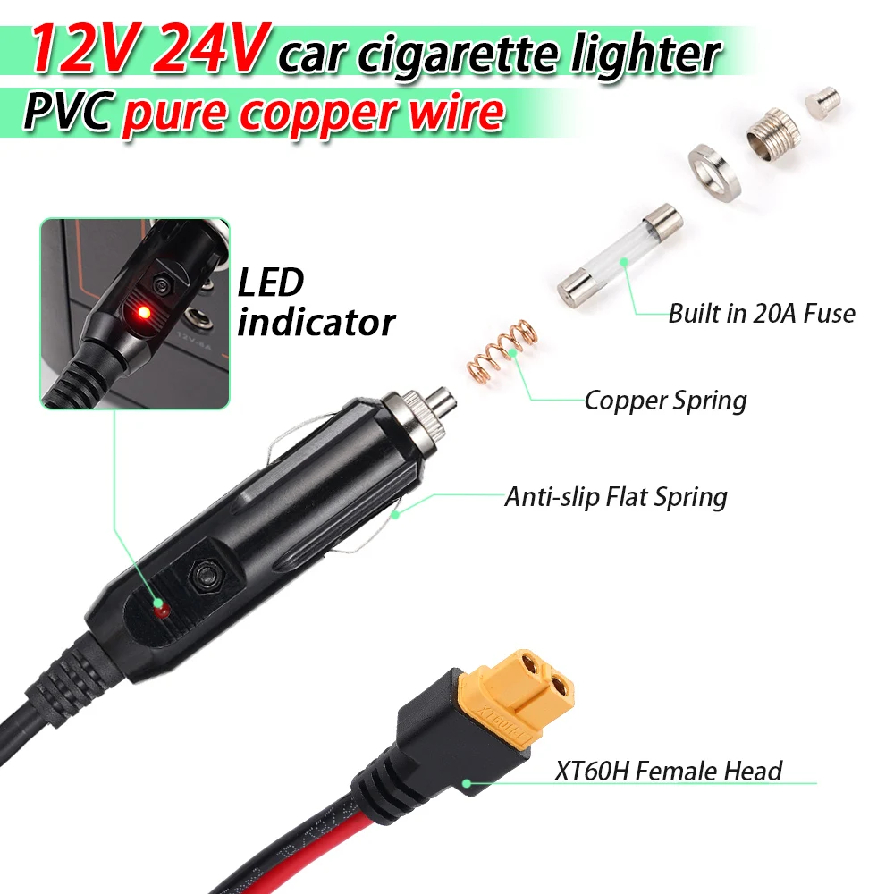 3M XT60 Connector Extension Cable with Cigarette Lighter Plug 10FT 14AWG Car Charger and Adapter Cord to Solar Generator