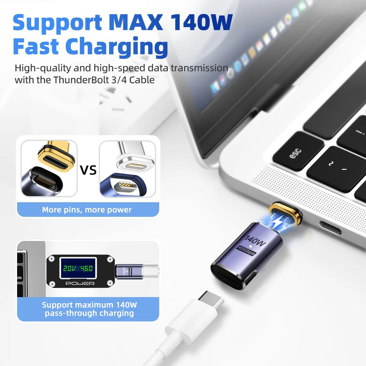 USB4.0 Thunderbolt3 adaptador magnético USB C a tipo C 140W 40Gbps Cable convertidor de carga magnético de carga rápida 8K @ 60Hz USB-C Adapt