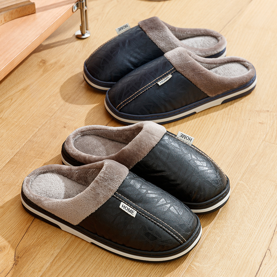 큰 크기 겨울 캐주얼 남자 슬리퍼 실내 방수 PU 가죽 홈 신발 모피 플랫 따뜻한 패션 침실 Houseshoes