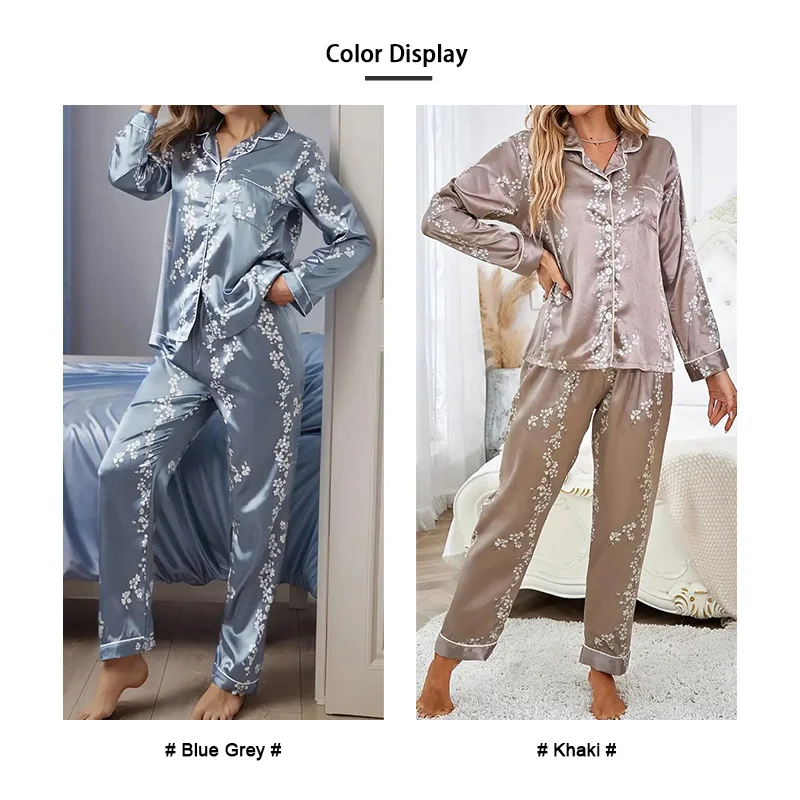 Frauen Satin Pyjama Casual Nachtwäsche Hause Kleidung Anzug Herbst Langarm Button Up Top & Hosen Nachtwäsche Loungewear Pyjama Femme
