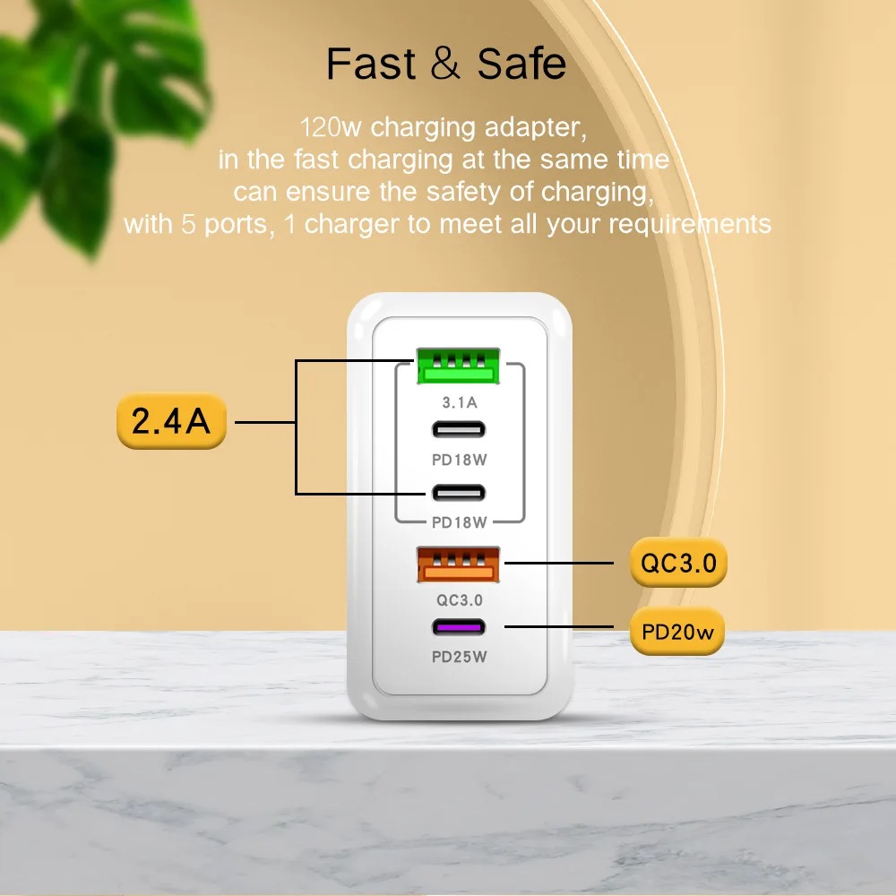 Totaal 120 W USB Type C Oplader 5 Poorten Snel Opladen Mobiele Telefoon Muur Adapter EU/US/UK Plug Voor iPhone 16 Samsung Xiaomi Huawei