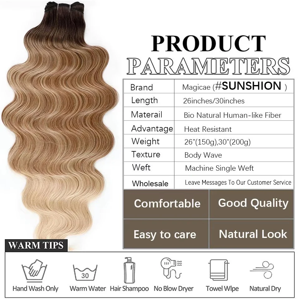 30 pouces Ombre brun chocolat 6 #   Mèches synthétiques Body Wave blondes 613, Extension capillaire de type Bio humain, Nature douce, résistante à la chaleur